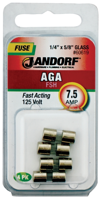 JANDORF AGA Series 60619 Fast Acting Fuse, 7.5 A, 125 V, 1 kA Interrupt, Glass Body, Fast-Acting Fuse