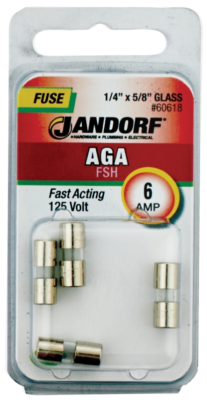 JANDORF AGA Series 60618 Fast Acting Fuse, 6 A, 125 V, 1 kA Interrupt, Glass Body, AGA, Fast-Acting Fuse
