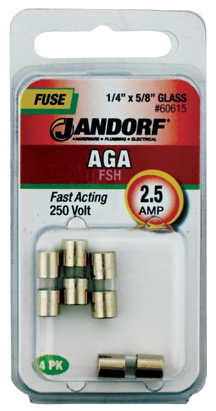 JANDORF AGA Series 60615 Fast Acting Fuse, 2.5 A, 250 V, 100, 200 A Interrupt, Glass Body, Fast-Acting Fuse