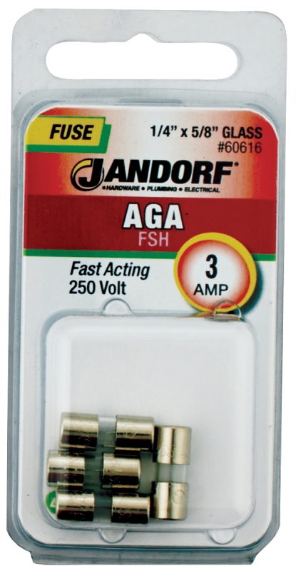 JANDORF AGA Series 60616 Fast Acting Fuse, 3 A, 250 V, 100, 200 A Interrupt, Glass Body, AGA, Fast-Acting Fuse