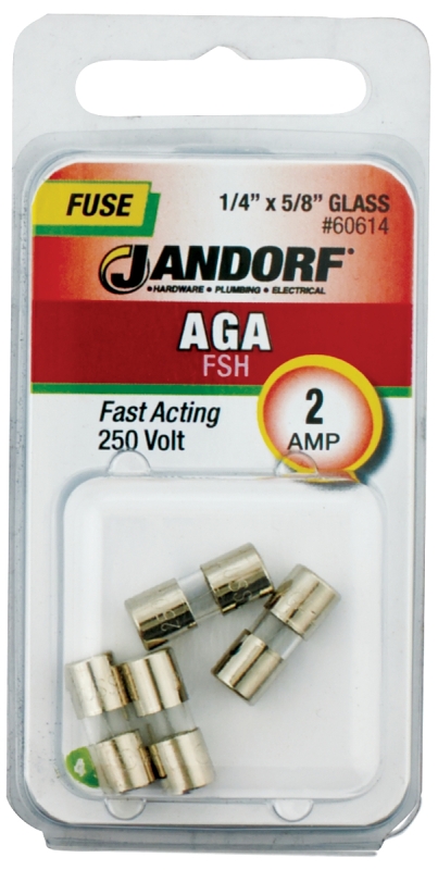 JANDORF AGA Series 60614 Fast Acting Fuse, 2 A, 250 V, 100, 200 A Interrupt, Glass Body, AGA, Fast-Acting Fuse