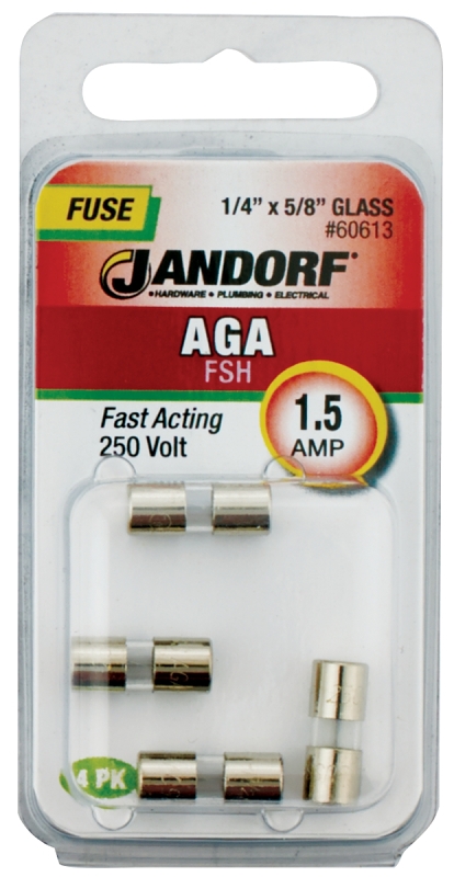 JANDORF AGA Series 60613 Fast Acting Fuse, 1.5 A, 250 V, 100 A, 10 kA Interrupt, Glass Body, Fast-Acting Fuse