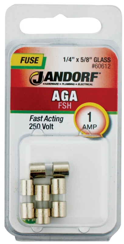 JANDORF AGA Series 60612 Fast Acting Fuse, 1 A, 250 V, 35 A, 10 kA Interrupt, Glass Body, Fast-Acting Fuse