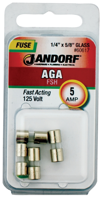 JANDORF AGA Series 60617 Fast Acting Fuse, 5 A, 125 V, 1 kA Interrupt, Glass Body, Fast-Acting Fuse