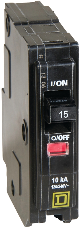 Square D QO115C Miniature Circuit Breaker, 15 A, 1-Pole, 120/240 VAC, 48 VDC, Plug Mounting