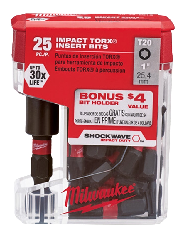 Milwaukee SHOCKWAVE 48-32-5013 Impact-Duty Screwdriver Insert Bit, #20 Drive, Torx Drive, 1/4 in Shank, Hex Shank, Steel
