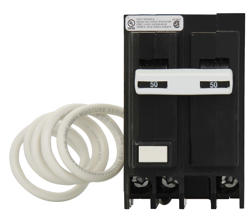 Cutler-Hammer GFTCB250 Circuit Breaker, GFCI, Type GFTCB, 50 A, 2-Pole, 120/240 V, Common Trip, Plug Mounting