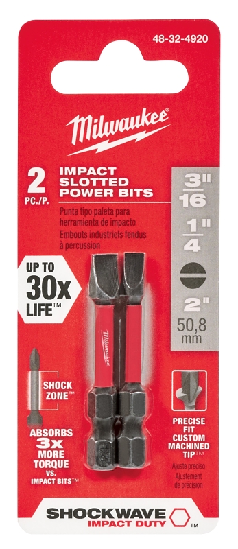 Milwaukee SHOCKWAVE 48-32-4920 Power Screwdriver Bit, 3/16, 1/4 in Drive, Slotted Drive, 1/4 in Shank, Hex Shank, 2 in L