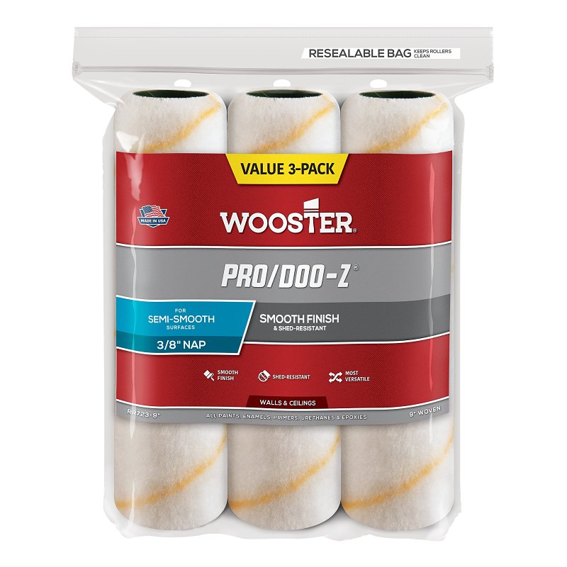 Wooster Pro/Doo-Z RR723-9 Roller Cover, 3/8 in Thick Nap, 9 in L, Fabric Cover, White