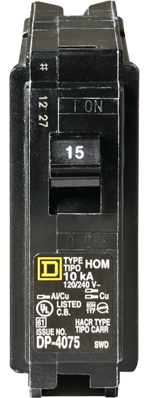 Square D Homeline HOM115C Miniature Circuit Breaker, 15 A, 1-Pole, 120 V, Plug Mounting, Black
