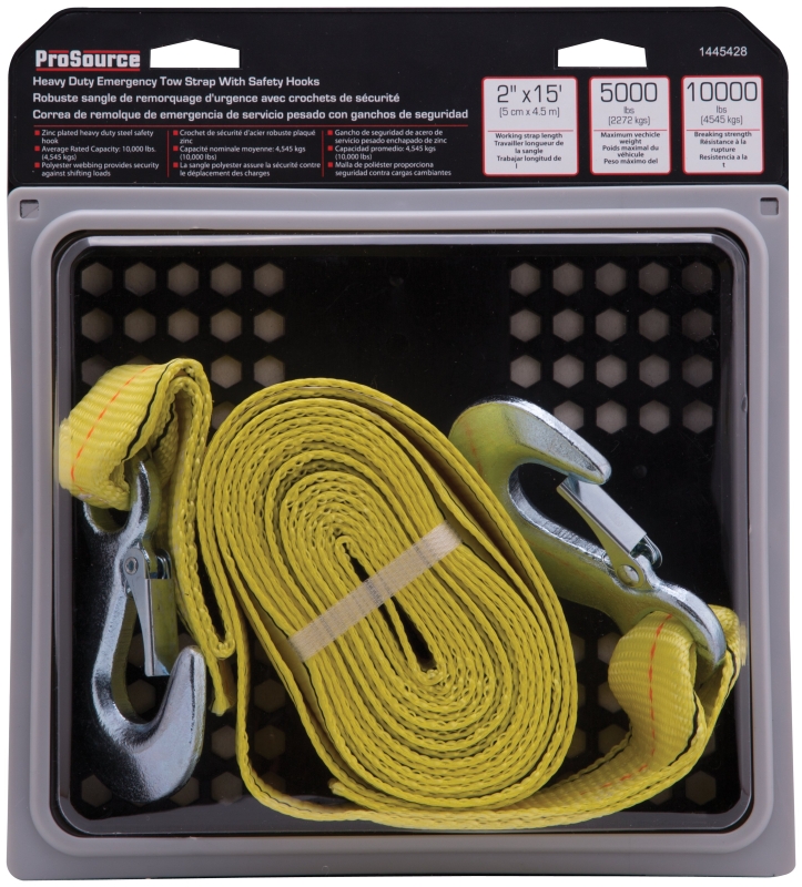 ProSource FH64061 Emergency Tow Strap, 10,000 lb, 2 in W, 15 ft L, Hook End, Polyester/Steel, Yellow