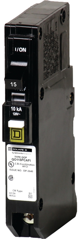 Square D QO115PCAFIC Miniature Circuit Breaker, Combination AFCI, 15 A, 1-Pole, 120 V, Plug Mounting