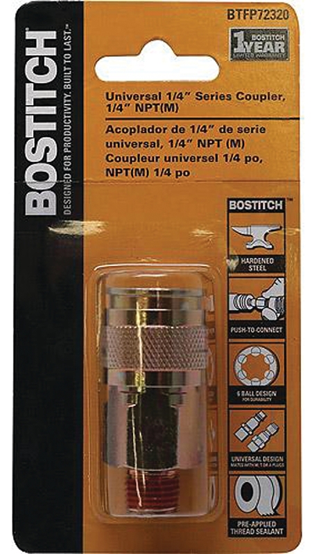 Bostitch BTFP72320 Coupler, 1/4 in, Push-Connect x MNPT, Steel, Plated