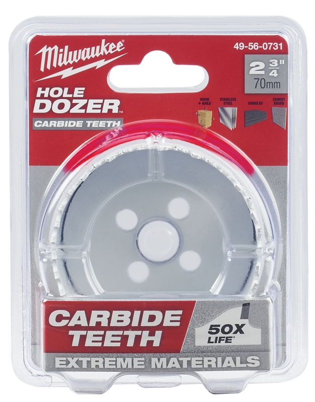 Milwaukee Hole Dozer 49-56-0731 Hole Dozer, 2-3/4 in Dia, 1.62 in D Cutting, 5/8 in Arbor, 4 TPI, Carbide Cutting Edge
