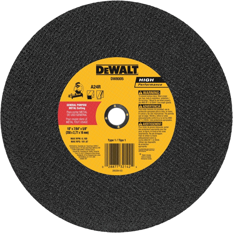 DEWALT DW8005 General-Purpose Cutting Wheel, 10 in Dia, 7/64 in Thick, 5/8 in Arbor, 24 Grit, Very Coarse