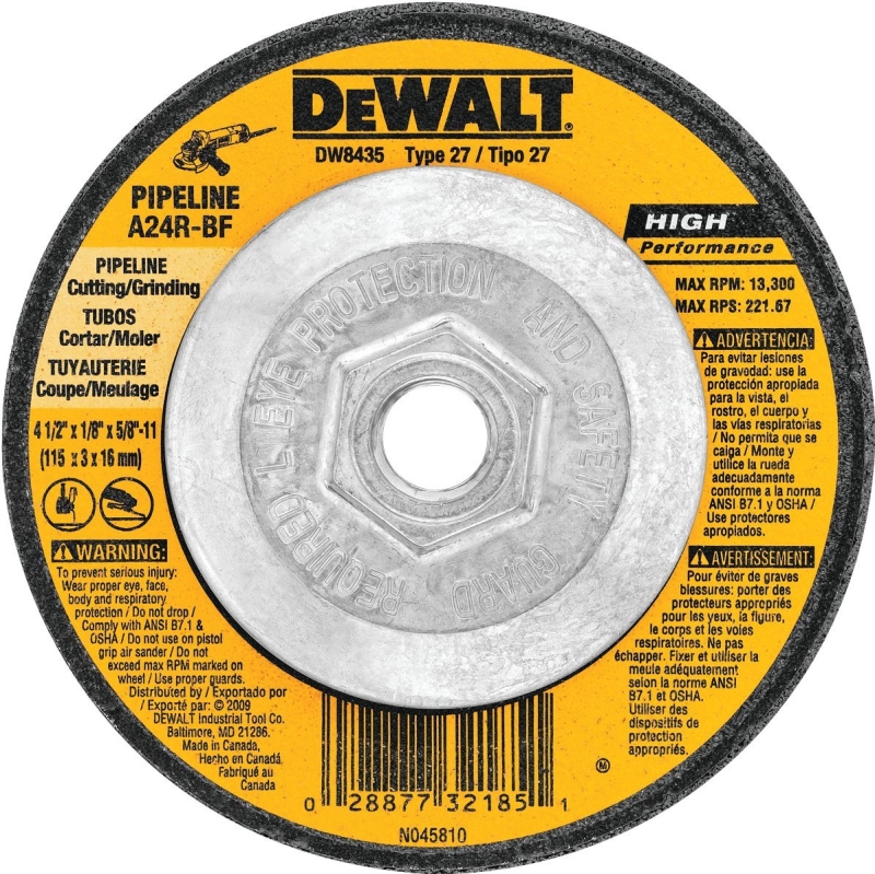 DEWALT DW8435 Grinding Wheel, 4-1/2 in Dia, 1/8 in Thick, 5/8-11 Arbor, 24 Grit, Very Coarse, Aluminum Oxide Abrasive