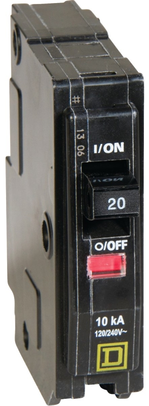 Square D QO120C Miniature Circuit Breaker, 20 A, 1-Pole, 120/240 VAC, 48 VDC, Plug Mounting