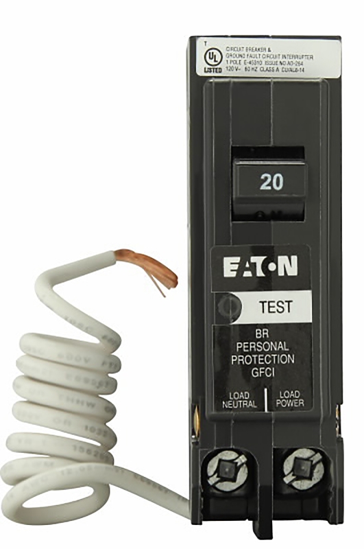 Eaton BRN120GF Circuit Breaker, GFCI, 20 A, 1-Pole, 120/240 VAC, Trip-to-Center Trip, Plug Mounting