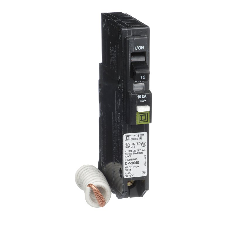 Square D QO115CAFIC Miniature Circuit Breaker, AFCI, 15 A, 1-Pole, 120 V, Fixed Trip, Plug Mounting