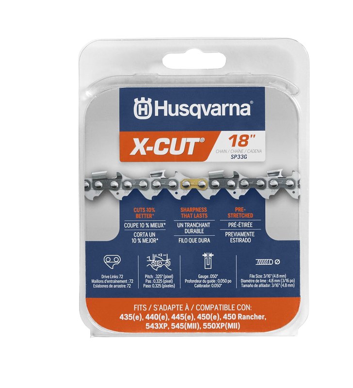 Husqvarna X-CUT 581 64 36-03 Chainsaw Chain, Semi-Chisel Chain, 18 in L Bar, 0.05 in Gauge, 0.325 in TPI/Pitch, 72-Link