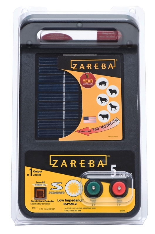 Zareba ESP5M-Z Solar Low-Impedance Charger, 0.1 J Output Energy, 8.6 kV Output, Lead-Acid Battery, 5 mile Fence Distance