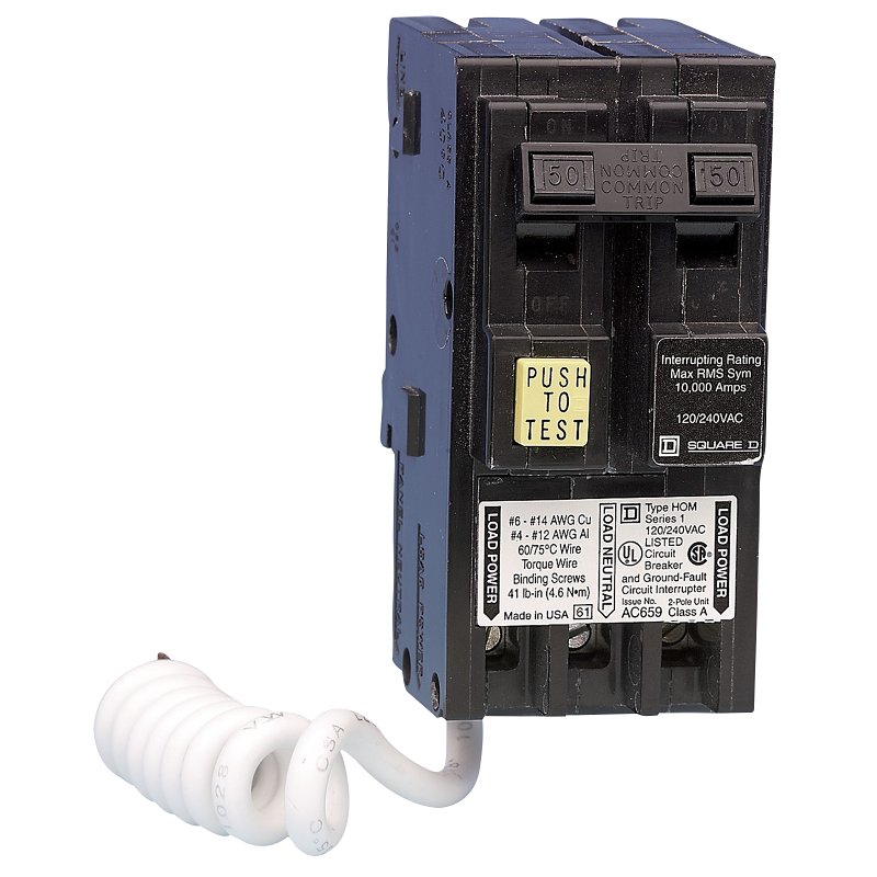 Square D Homeline HOM250GFICP Miniature Circuit Breaker, GFCI, 50 A, 2-Pole, 120/240 V, Fixed Trip, Plug Mounting