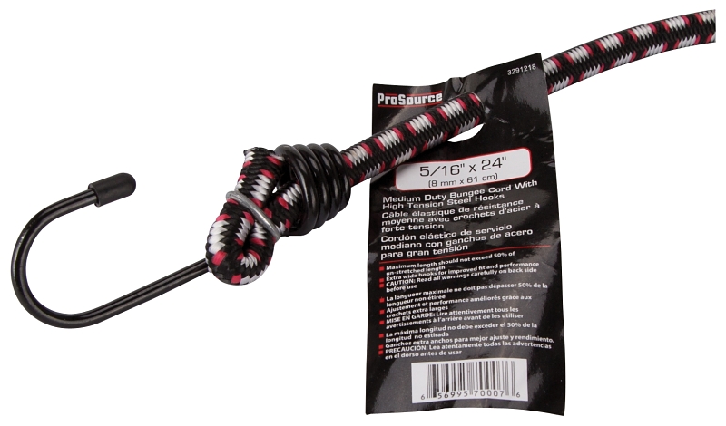 ProSource FH64017 Bungee Stretch Cord, 8 mm Dia, 24 in L, Polypropylene, Black, Hook End, Pack of 10