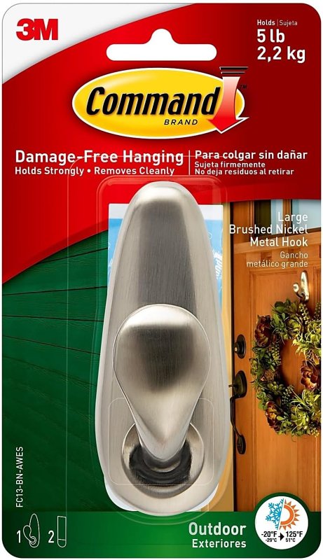 Command FC13-BN-AWES Large Outdoor Hook, 5 lb, 1-Hook, Metal, Brushed Nickel