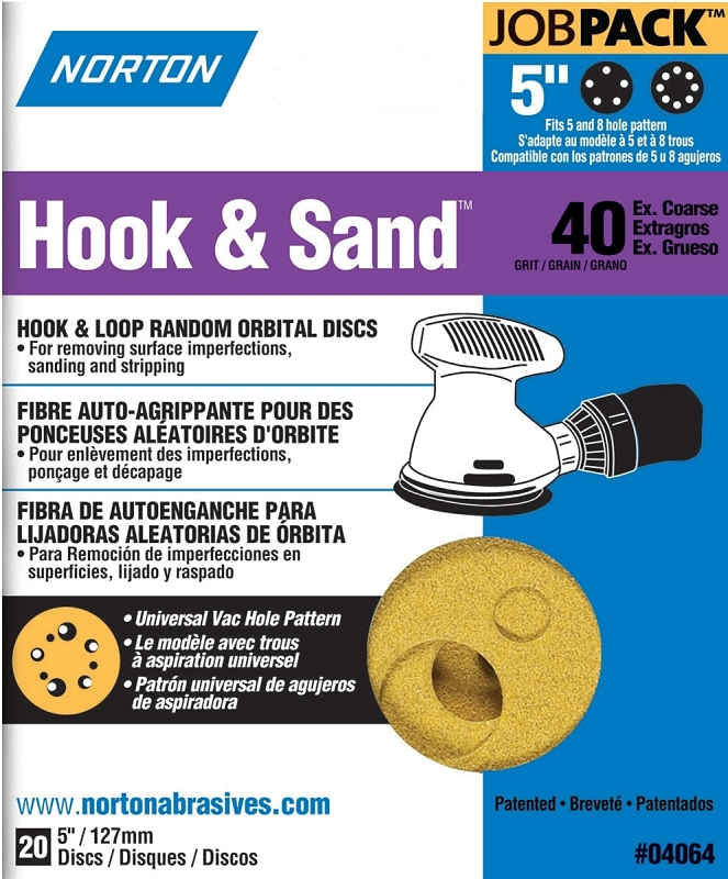 Norton 07660704064 Sanding Disc, 5 in Dia, P40 Grit, Extra Coarse, Aluminum Oxide Abrasive, Paper Backing