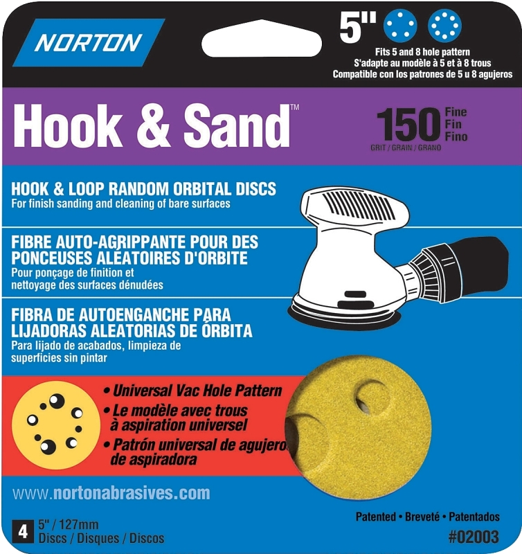 Norton 07660702003 Sanding Disc, 5 in Dia, P150 Grit, Fine, Aluminum Oxide Abrasive, Paper Backing, Universal
