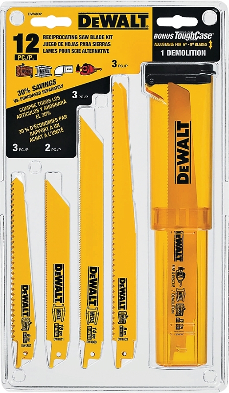 DEWALT DW4892 Reciprocating Saw Blade Set 12 Piece Bi Metal Yellow VORG3787017 DW4892