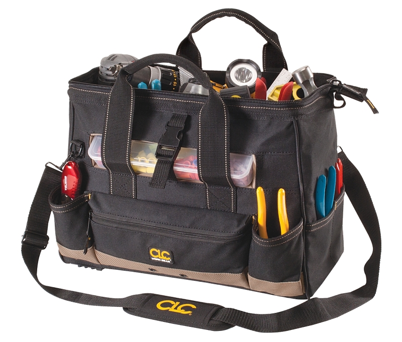 CLC TOOL WORKS 1534 Tool Bag with Top-Side Plastic Parts Tray, 8 in W, 11 in D, 16 in H, 25-Pocket, Polyester, Yellow