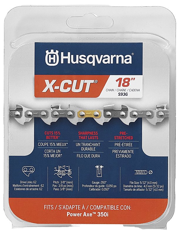 Husqvarna X-CUT 597 46 95-62 Chainsaw Chain, Semi-Chisel Chain, 18 in L Bar, 0.05 in Gauge, 3/8 in TPI/Pitch, 62-Link