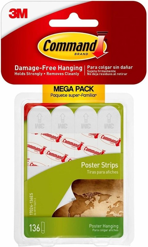 Command 17024-136ES Small Poster Strip, 5/8 in W, 1.813 in L, Foam Backing, White, 1 lb