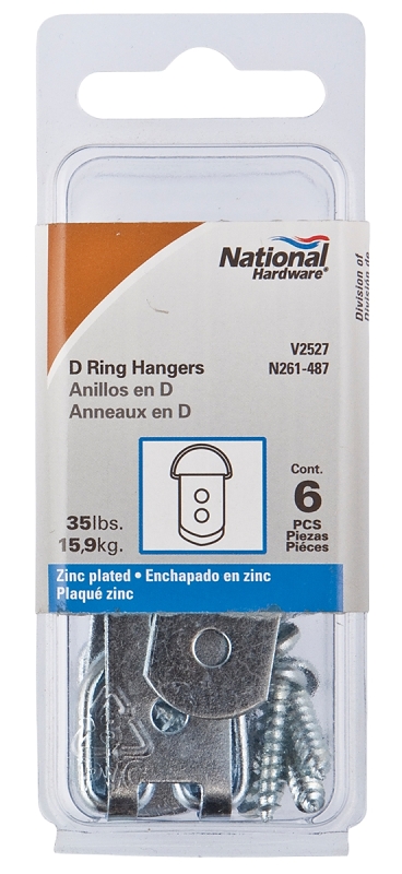 National Hardware V2527 Series N261-487 D-Ring Hanger, 35 lb, Steel, Zinc-Plated, 1-3/8 in Opening