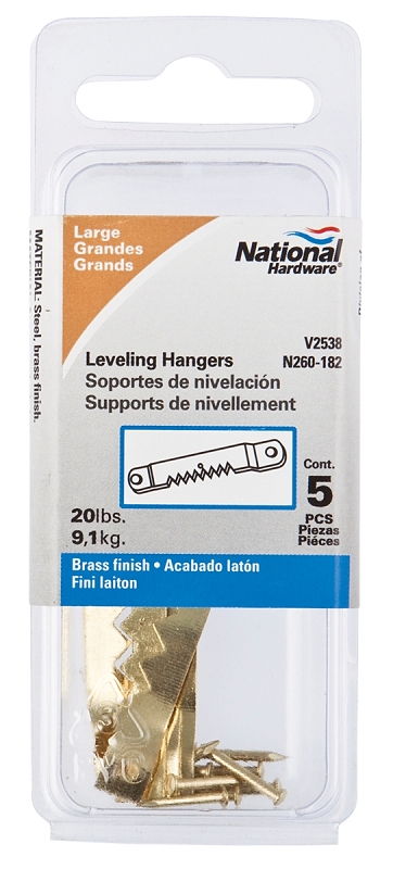 National Hardware V2538 Series N260-182 Leveling Hanger, 20 lb, Steel, Brass-Plated, 0.034 in Projection, Pack of 5
