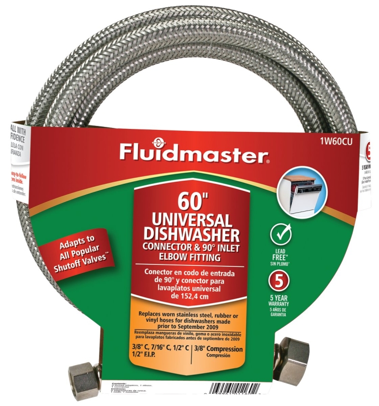 Fluidmaster 1W60CU Universal Dishwasher Connector, 3/8 in Inlet, Compression Inlet, 3/8 in Outlet, Compression Outlet