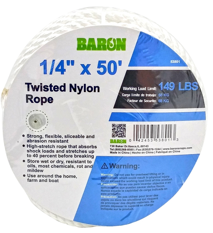 Baron 53801 Rope 1 4 in Dia 50 ft L 149 lb Working Load Nylon White VORG3359957 53801