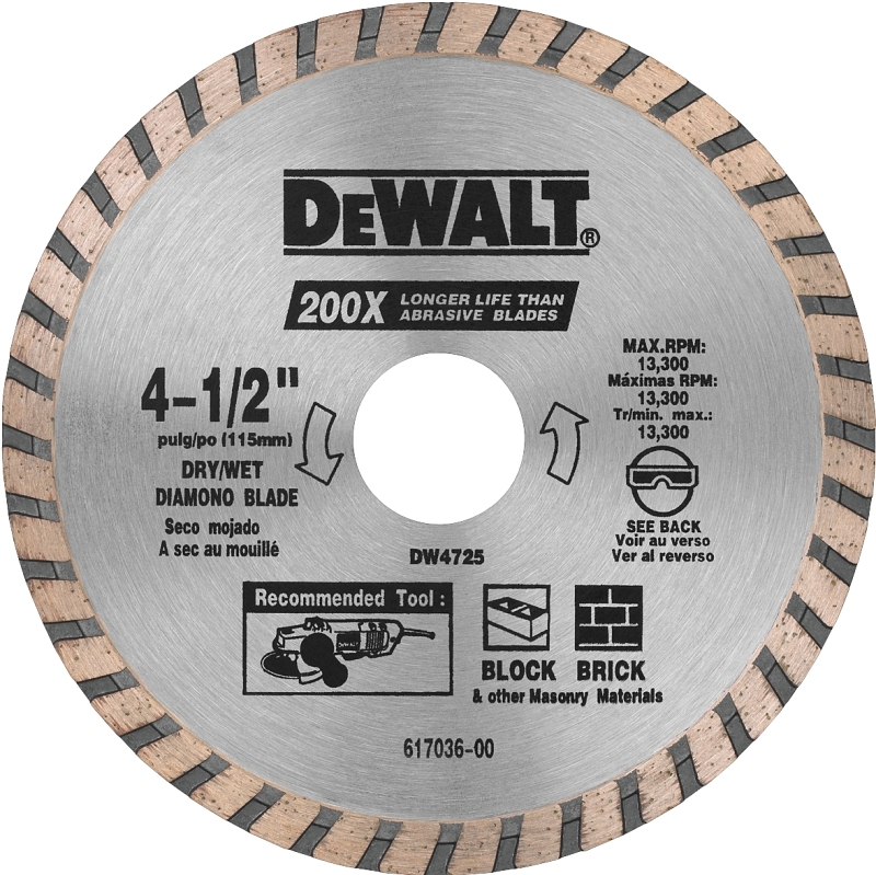 DEWALT DW4725 Circular Blade, 4-1/2 in Dia, 7/8 in Arbor, Diamond Cutting Edge, Segmented Rim