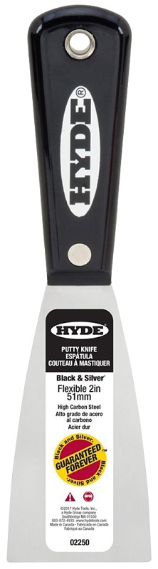Hyde Black & Silver Series 02250 Putty Knife, 2 in W Blade, HCS Blade, Nylon Handle, Tapered Handle, 7-3/4 in OAL