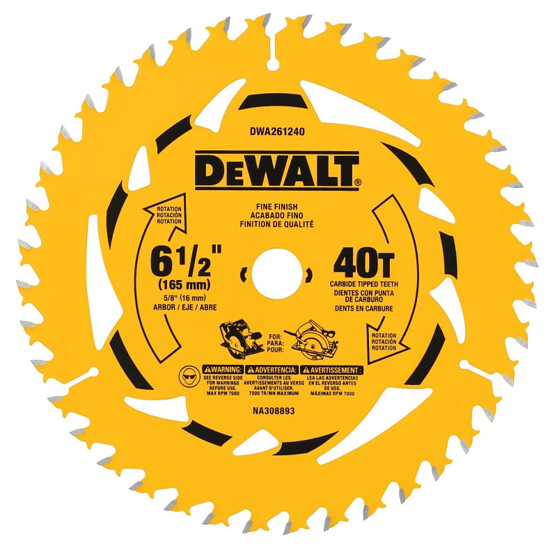 DEWALT DWA261240B10 Circular Saw Blade, 6-1/2 in Dia, 5/8 in Arbor, 40-Teeth, Carbide Cutting Edge