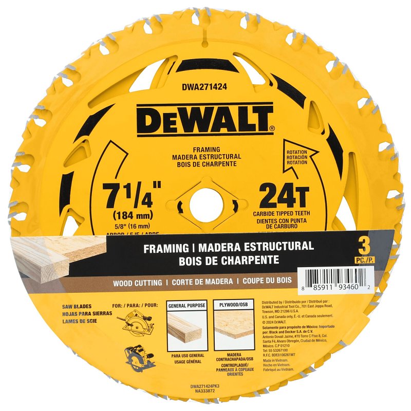 DEWALT DWA271424PK3 Circular Saw Blade, 7-1/4 in Dia, 5/8 in Arbor, 24-Teeth, Carbide Cutting Edge