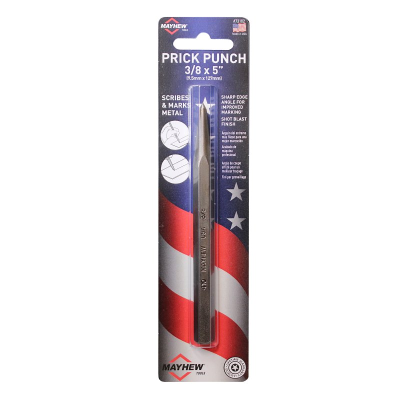 Mayhew 73102 Prick Punch, 3/8 in Tip, 5 in L, Hex Shank