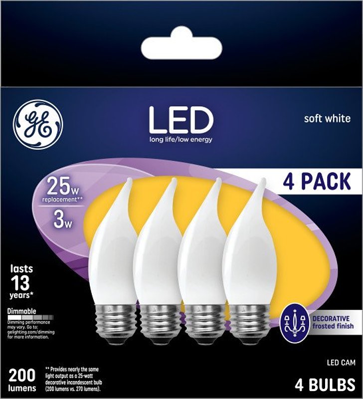 GE Industrial Solutions 37396 LED Bulb, Decorative, CAM Lamp, E26 Lamp Base, Dimmable, Frosted, Soft White Light