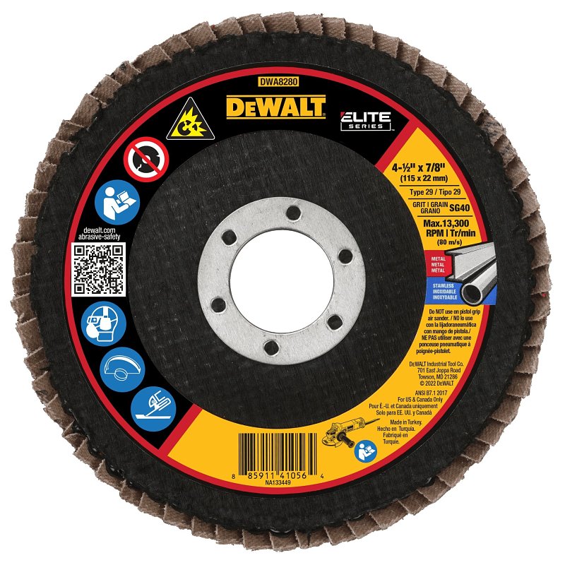 DEWALT ELITE Series DWA8280 Flap Disc, 4-1/2 in Dia, 7/8 in Arbor, 40 Grit, Coarse, Ceramic Abrasive, Plastic Backing