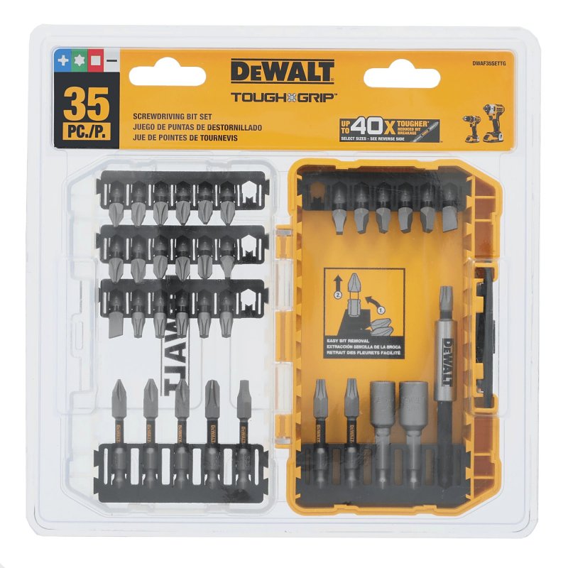 DEWALT TOUGHGRIP DWAF35SETTG Screwdriver Bit Set, 35-Piece, Steel, Clear/Yellow