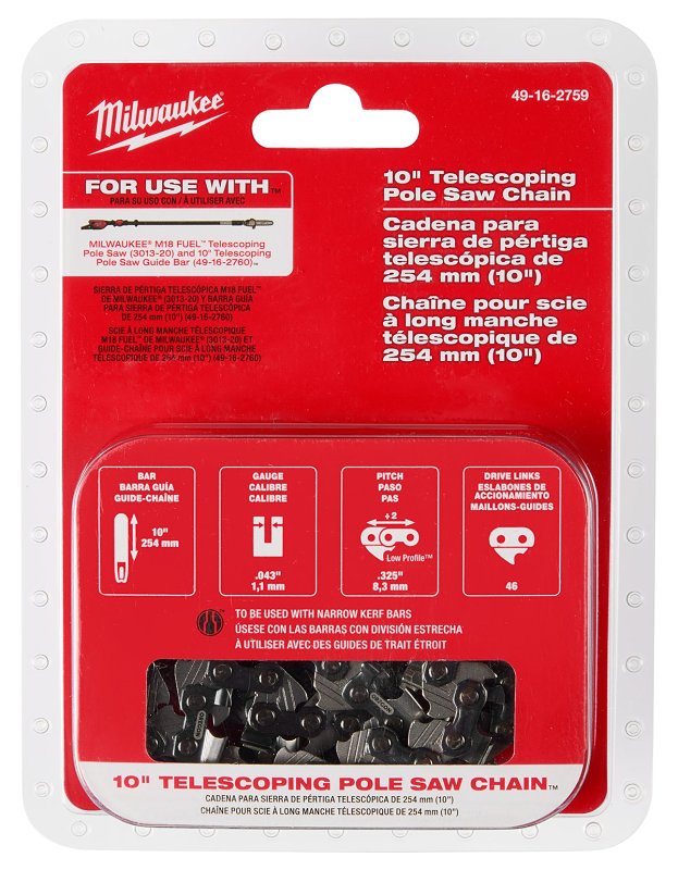 Milwaukee 49-16-2759 Telescoping Pole Saw Chain, Low-Kickback Chain, 10 in L Bar, 0.043 in Gauge, 0.325 in TPI/Pitch