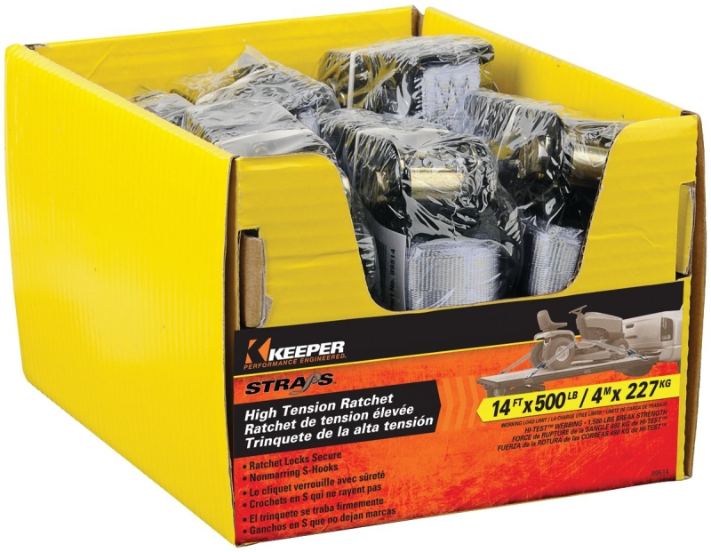 Keeper 89514 Tie-Down, 1 in W, 14 ft L, Gray, 500 lb, S-Hook End Fitting, Vinyl End Fitting, Pack of 8