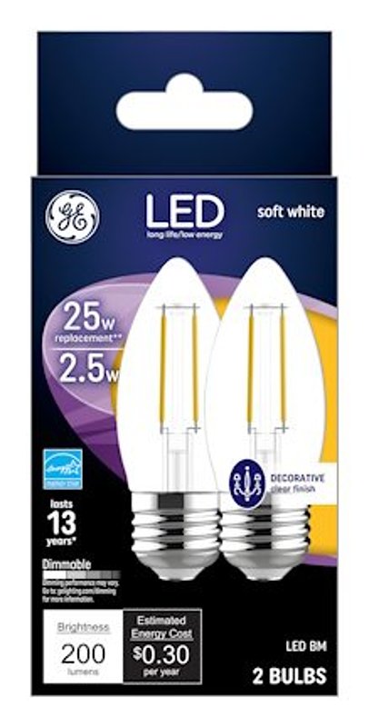 GE 22589 LED Bulb, Decorative, B11 Lamp, 25 W Equivalent, E26 Medium Lamp Base, Dimmable, Clear, Soft White Light