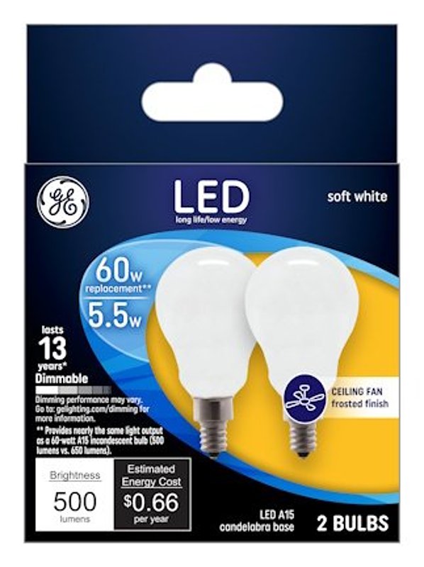 GE Industrial Solutions 24949 LED Bulb, General Purpose, A15 Lamp, 60 W Equivalent, E12 Lamp Base, Dimmable, Frosted